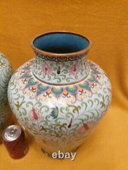 FINE LARGE Pair Of Vintage Antique Chinese Cloisonné Vases Duck Egg Blue