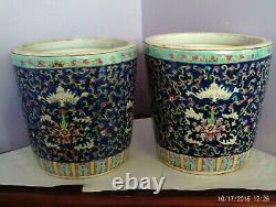 Fab Antique Large Pair Chinese Hand-painted Bat & Flower Planters 21 Cms Tall