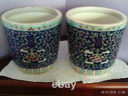 Fab Antique Large Pair Chinese Hand-painted Bat & Flower Planters 21 Cms Tall