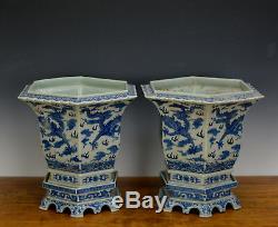 Fine Pair of Large Chinese Blue White Dragon 6 Side Porcelain Flower Pot