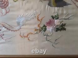Fine antique Chinese silk embroidery Yue school dragon pheonix large panel