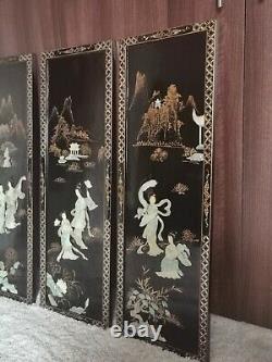 Four Large Mid Century Chinese Laquer & Mother of Pearl Wall Panels Hangings