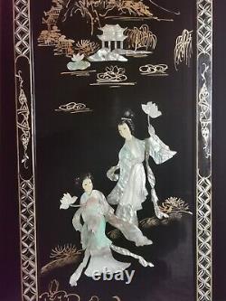 Four Large Mid Century Chinese Laquer & Mother of Pearl Wall Panels Hangings
