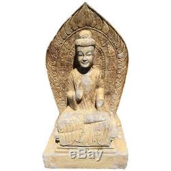Important Chinese Antique Large Seated Stone Buddha Guan Yin with Inscription