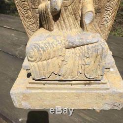 Important Chinese Antique Large Seated Stone Buddha Guan Yin with Inscription