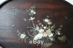 Japanese Chinese Wooden Carved Inlay Bronze & Mother of Pearl Large Plate Tray