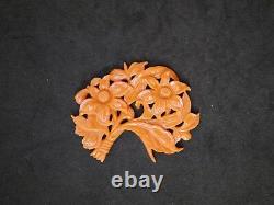 LARGE ANTIQUE CHINESE CARVED NATURAL CORAL PENDANT With FLOWERS & LEAVES