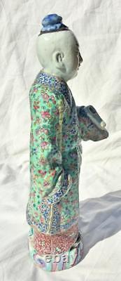 LARGE ANTIQUE CHINESE PORCELAIN STATUE OF STANDING FIgURE WITH BAMBOO STICK