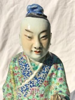 LARGE ANTIQUE CHINESE PORCELAIN STATUE OF STANDING FIgURE WITH BAMBOO STICK
