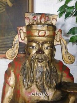 LARGE ANTIQUE ORIENTAL CHINESE CARVED GILDED WOOD FIGURE 66cm High