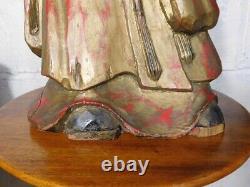 LARGE ANTIQUE ORIENTAL CHINESE CARVED GILDED WOOD FIGURE 66cm High