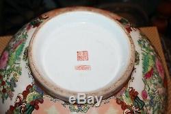 LARGE Chinese Famille Rose Bowl Porcelain Pottery Men Women Flowers Signed
