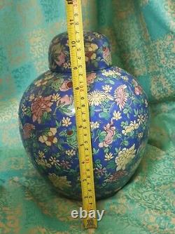 LARGE Vintage 20th Century Chinese Blue Ground Famille Rose Ginger Jar