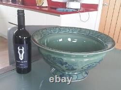 LARGE Vintage Ironstone Chinese Celadon Green & Blue Footed Bowl PLANTER. 15 D