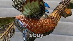 Large 10 Antique Chinese Export Silver Enameled Silver Bird Statue