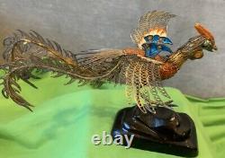 Large 10 Antique Chinese Export Silver Enameled Silver Bird Statue