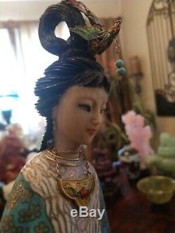 Large 13Antique Chinese Bronze Cloisonne Figure Figurine Woman Maiden Quan Yin