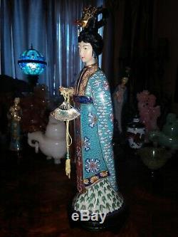Large 15Antique Chinese Bronze Cloisonne Figure Figurine Woman Maiden Quan Yin