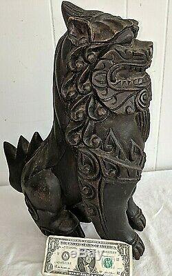 Large 17 1/4 Antique Hand Carved Solid Wood Foo Dog Chinese Asian Sculpture