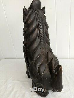 Large 17 1/4 Antique Hand Carved Solid Wood Foo Dog Chinese Asian Sculpture