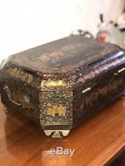 Large 1820-Century ANTIQUE Chinese Lacquered Wood Caddy Sewing Box
