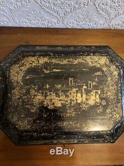 Large 1820-Century ANTIQUE Chinese Lacquered Wood Caddy Sewing Box