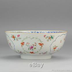 Large 18C Chinese Porcelain Famille Rose Bowl Flower Cartouches Antique