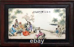 Large 1930 Antique Asian Chinese Hand Painted Porcelain Tile Painting Plaque