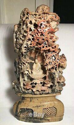 Large 19th/20th C. Chinese Qing Soapstone Buddha Carving with Bamboo & Stand, 18