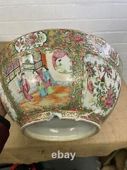 Large 19th C Antique Cantonese Famille Rose Chinese 13.5 Punch Bowl A/F