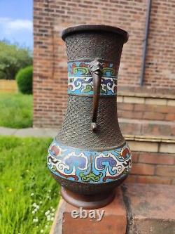 Large 19th C Antique Oriental Chinese Japanese Bronze Cloisonne Champleve Vase