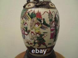 Large 19th C antique Chinese Nanking Famille Verte Crackle Glaze Pottery Vase