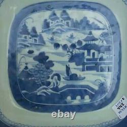 Large 19th Century Antique Chinese Square Blue & White Plate Landscape Plate