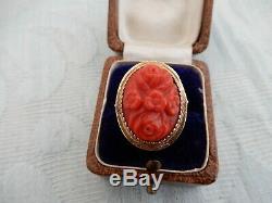 Large 19th century 9ct Gold Red Carved Coral Chinese ladies ring, estate lot
