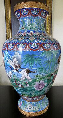 Large 20 Cloisonne Vase Cranes Floral Pattern Asian Oriental