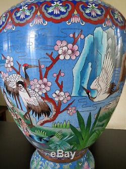 Large 20 Cloisonne Vase Cranes Floral Pattern Asian Oriental