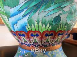 Large 20 Cloisonne Vase Cranes Floral Pattern Asian Oriental