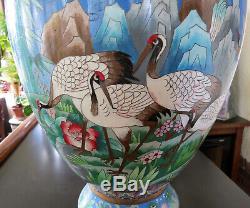 Large 20 Cloisonne Vase Cranes Floral Pattern Asian Oriental