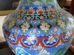 Large 20 Cloisonne Vase Cranes Floral Pattern Asian Oriental