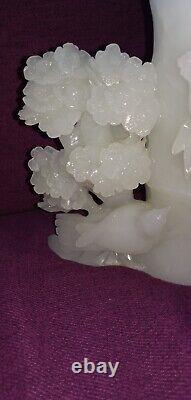 Large 20cm Antique / Vintage Chinese white Jade Vase with birds and trees