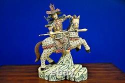 Large 21 Bone & Horn Statue Of Samurai On Horse Chinese Japanese Scrimshaw