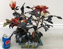 Large 40cm 16 x 17 Old Chinese Carved Jade Tree Cloisonné Pot Agate Fine