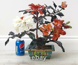 Large 40cm 16 x 17 Old Chinese Carved Jade Tree Cloisonné Pot Agate Fine