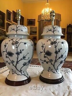 Large 43cm Tall Pair Blue White Prunus Blossom Chinese Covered Vase Table Lamps