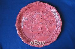 Large 9.5 Vintage/Antique Chinese Carved Cinnabar Lacquer Plate Romantic EX++