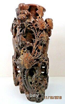 Large 9 Hand Carved Antique Chinese Incised Red Brown Floral Soapstone Vase