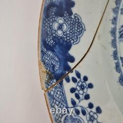 Large Antique 18th Century Chinese Blue And White Charger Decorated Landscape