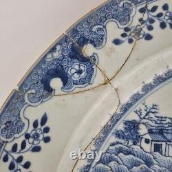 Large Antique 18th Century Chinese Blue And White Charger Decorated Landscape