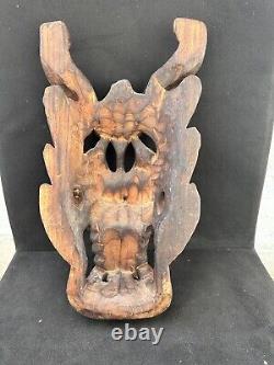 Large Antique 19th Cent Chinese Carved Wooden Dragon Mask/panel