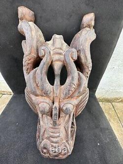 Large Antique 19th Cent Chinese Carved Wooden Dragon Mask/panel